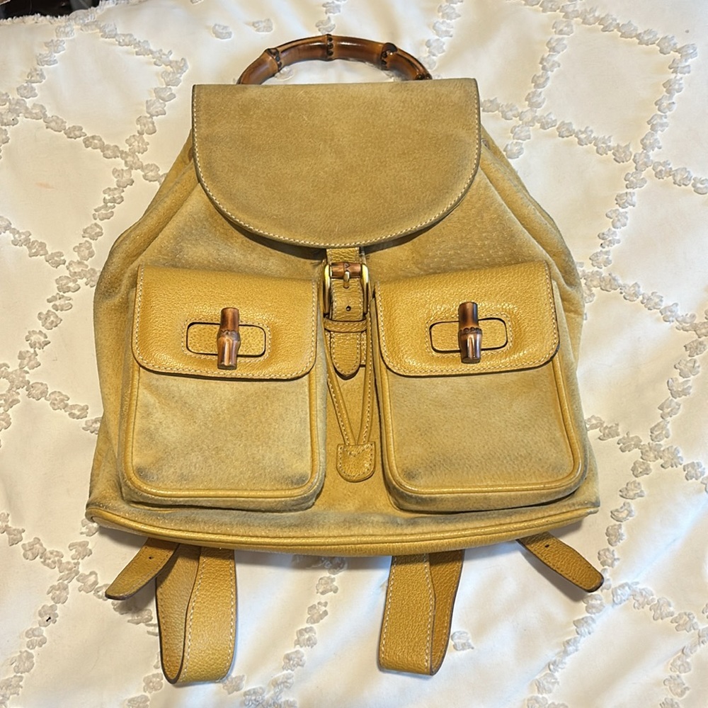 Authentic Gucci Bamboo Backpack Yelllow Leather and Suede with Gold Hardware